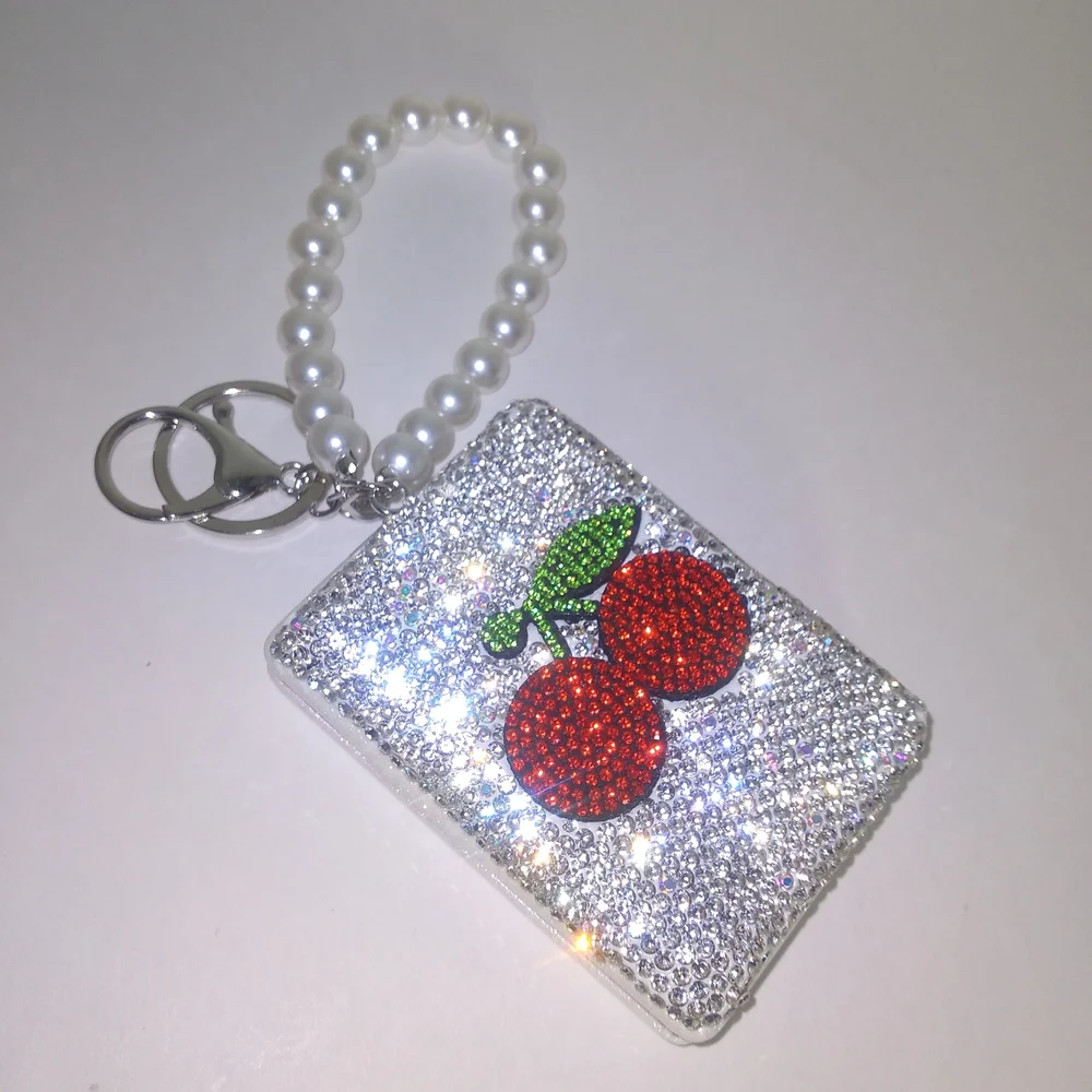 Sparkling Silver Cherry Keychain Mirror with Pearl Handle